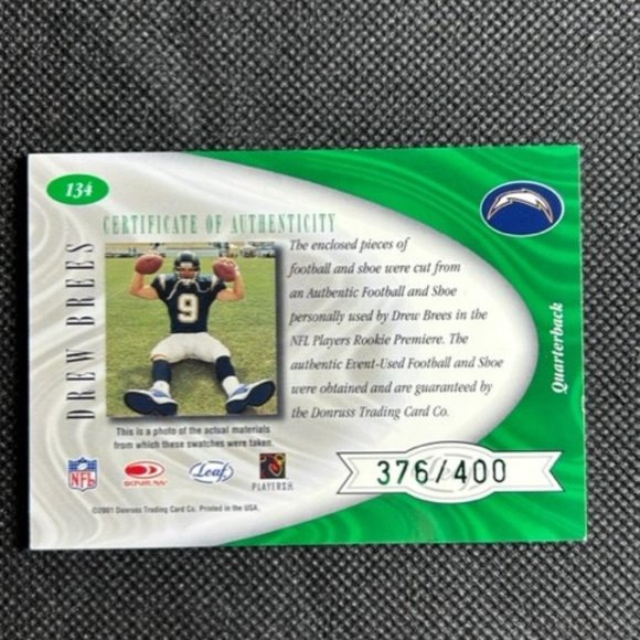 ⚜️ 2001 Leaf Certified Materials Drew Brees Rare High # Shoe Ball RC Rookie Card - Picture 2 of 2